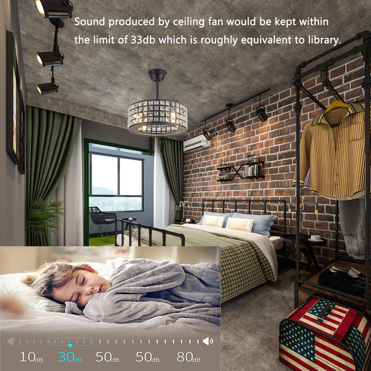 Remote Control Ceiling Fan Light with 4-Lamps 18 Inch Round Enclosed Chandelier Fan with Crystal Lamp Shade Built in 7 ABS Blade