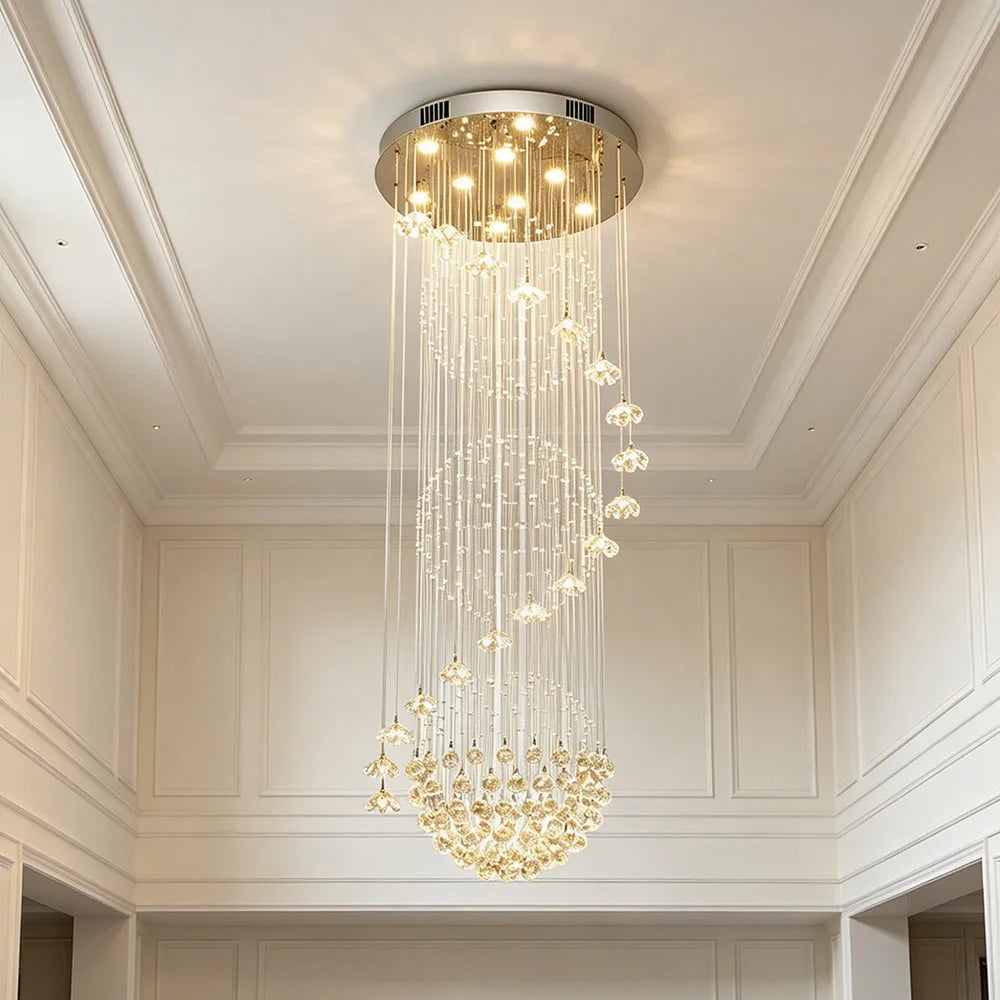 Floral Crystal String Chandelier Tall LED Pendant Light Indoor Decor Lighting For High Ceiling Stairs Lobby Hotel