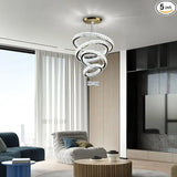 LED Crystal Chandeliers, Modern 5 Rings Pendant Light Titanium Gold Stainless Steel Height Adjustable Ceiling Light for Be