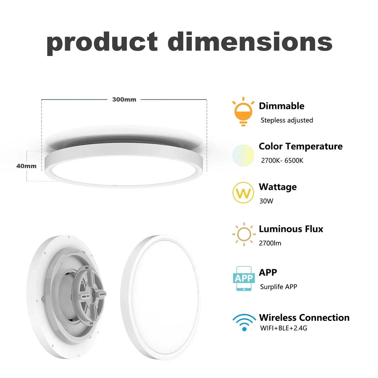 Smart 30W LED Ceiling Lamp with RGBIC Backlight - Alexa & Google Assistant Light