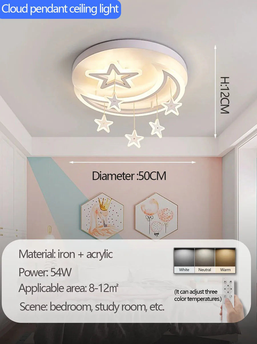 Children's Lamp: Modern Minimalist Star and Cloud Ceiling Light for Boys and Girls, Romantic LED Fixture for Study and Bedroom