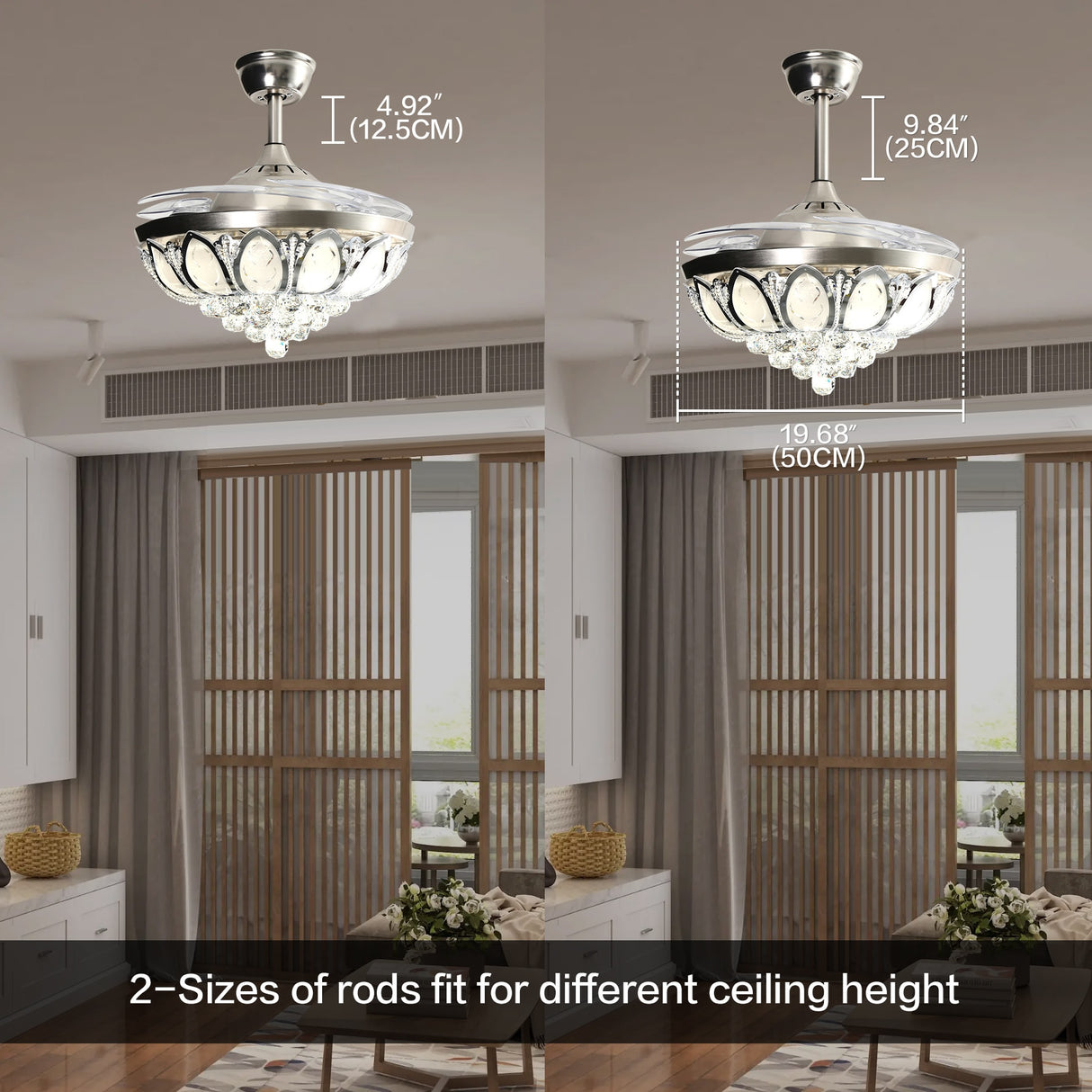 Chandelier Lamp Ceiling Fan 4-Blade Retractable With Crystal LED Light Remote Color Changeable For Living Room Bedroom