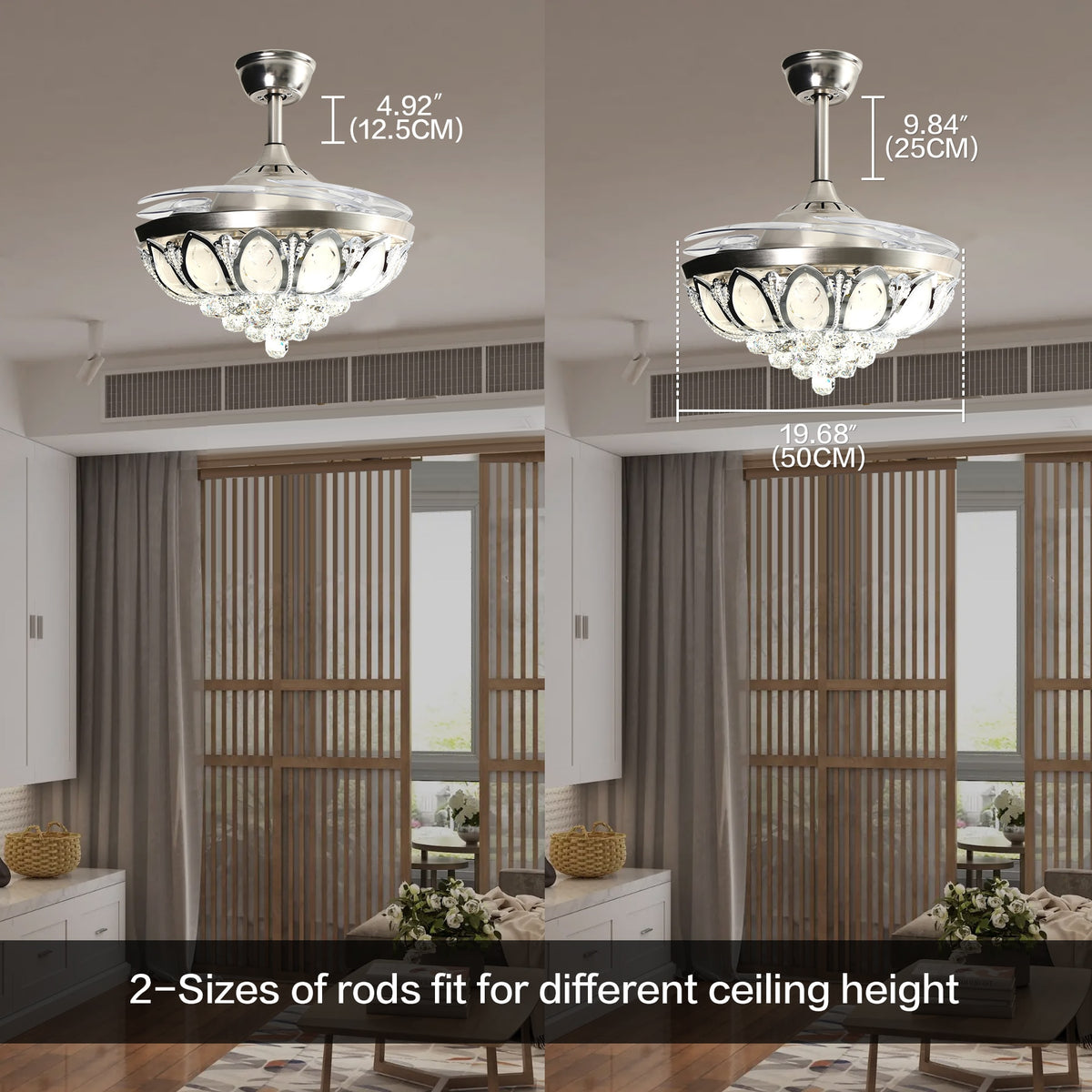 Chandelier Lamp Ceiling Fan 4-Blade Retractable With Crystal LED Light Remote Color Changeable For Living Room Bedroom