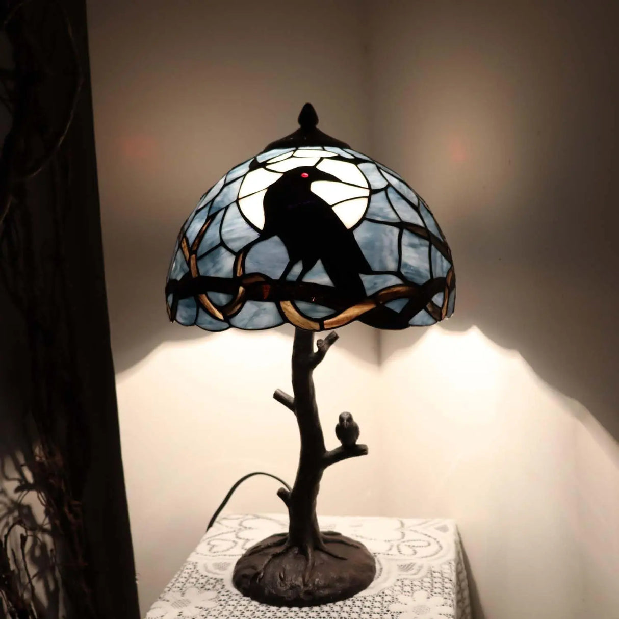 Raven Moon Stained Glass Table Lamp - 20" Gothic Night Light (Dark Blue)