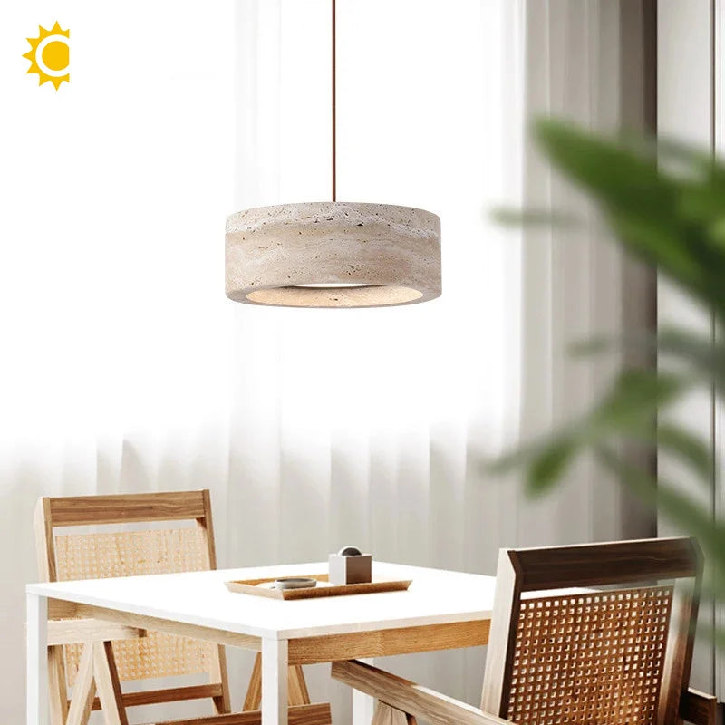 Wabi-Sabi Travertine Pendant Lamp - Natural Stone Round LED Chandelier
