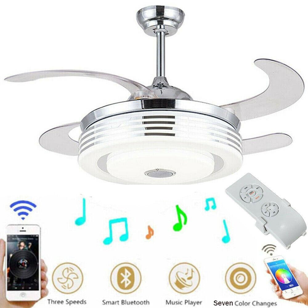 42" Invisible Ceiling Fan w/ Light Lamp Bluetooth 7-Color LED Chandelier w/ Bluetooth Music Player Speaker Remote Control