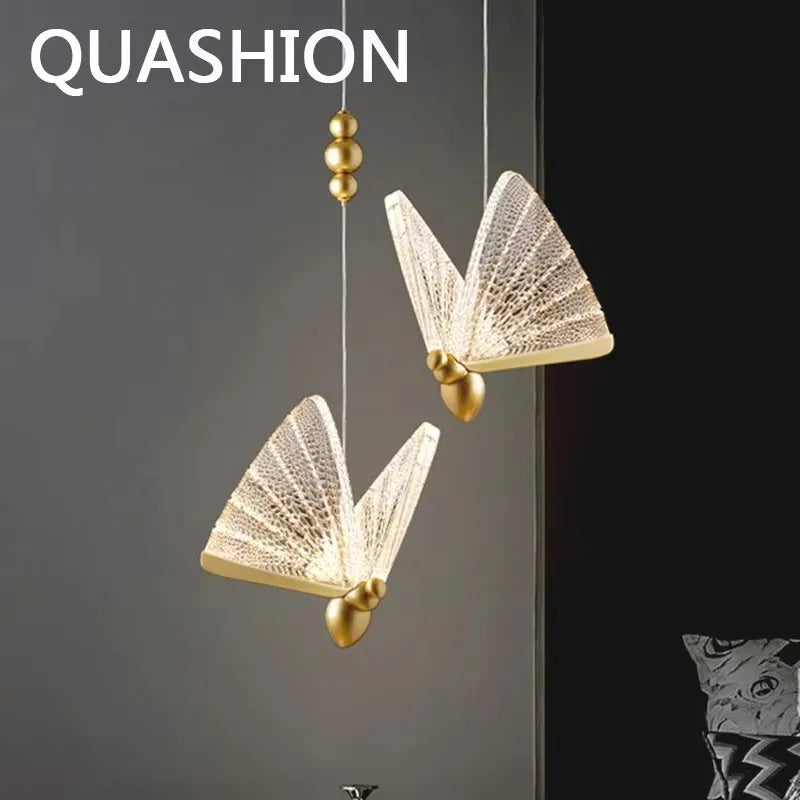 Luxury Home Decor Butterfly Chandelier Nordic LED Bedroom Single Pendant Light Modern Iron Body Acrylic Lampshade Hanging Lustre
