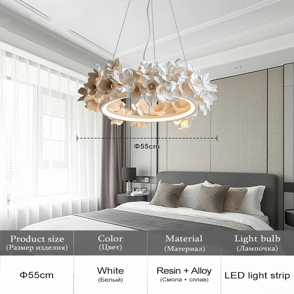 French Round Floral Pendant Lamp Cream Style Resin Hanging Light Parlor Bedroom Office LED Dining Room Double Layer Chandelier