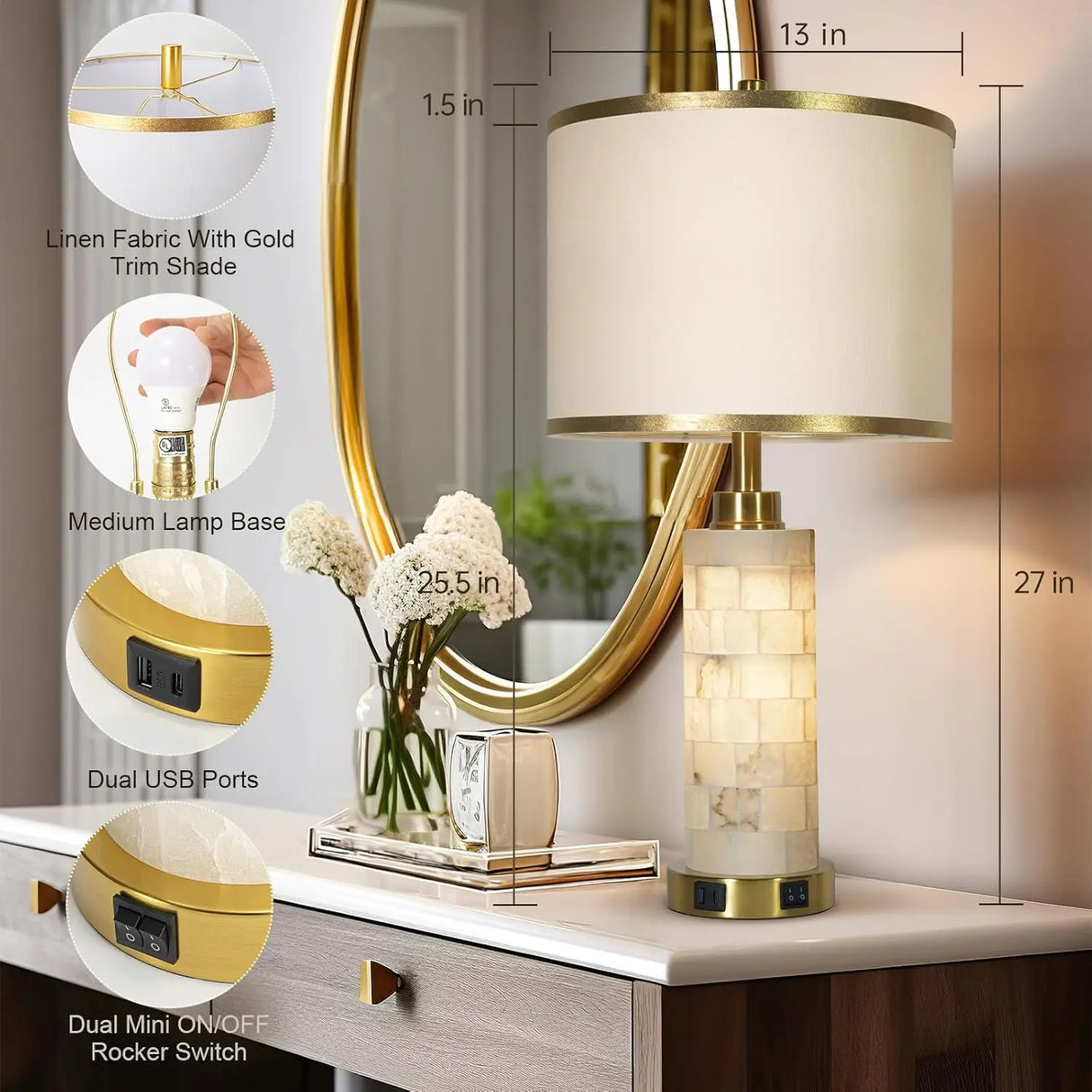 Set of 2 Modern Table Lamps with USB Ports and Night Light, Alabaster Design for Living Room or Bedroom