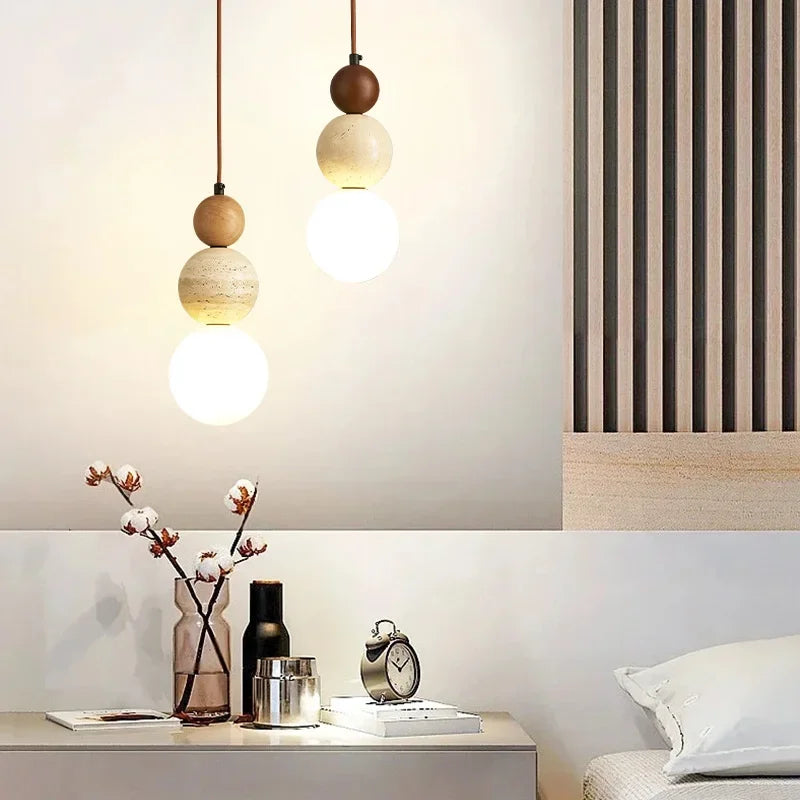 Cream Style Bauhaus Pendant Lamp - Designer Stone & Wood Bedside Light