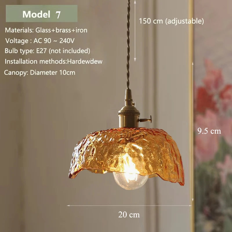 Vintage Amber Glass Pendant Light - Retro Brass Adjustable Hanging Hanging Lamp