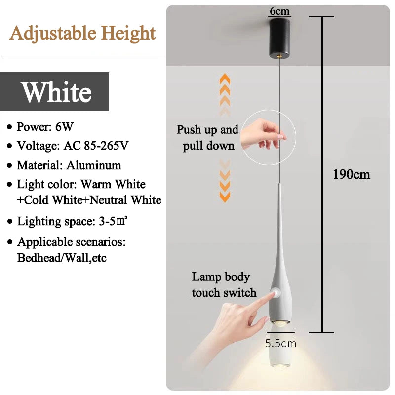 LED Pendant Light 6W Adjustable Height Touch Switch Modern Minimalist Creative Design Chandelier for Bedroom Bedside Bar
