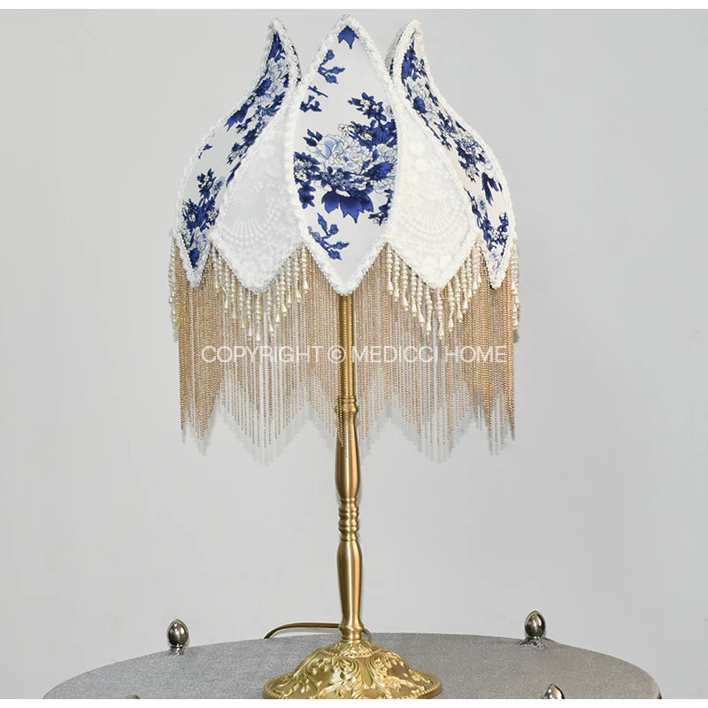 Home French Retro Blue And White Porcelain Floral Lampshade With Pearl Tassel Luxury Desk Lamp Shade Floor Pendant Light