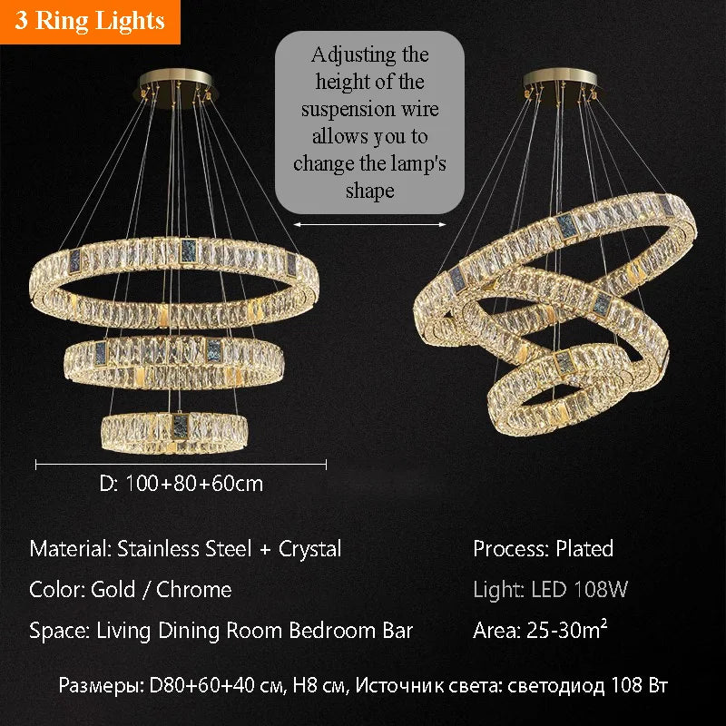 Nordic Luxury Ring K9 Crystal Chandelier Villa Living Dining Room Bedroom Ceiling LED Pendant Light Indoor Lighting Hanging Lamp