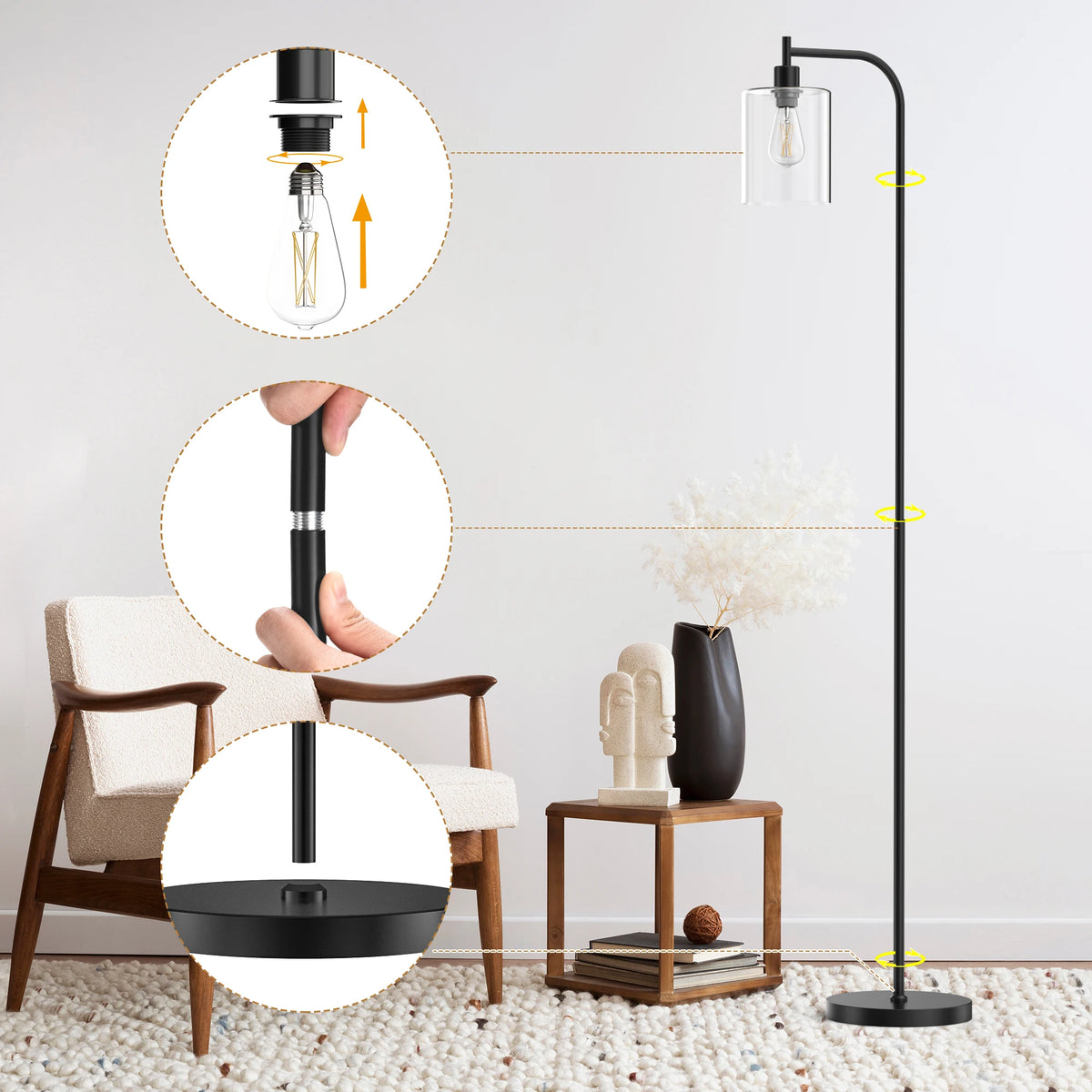 Modern Standing Tall Industrial Arched/Arc Floor Lamp with Glass Shade and 2 Bulbs Included