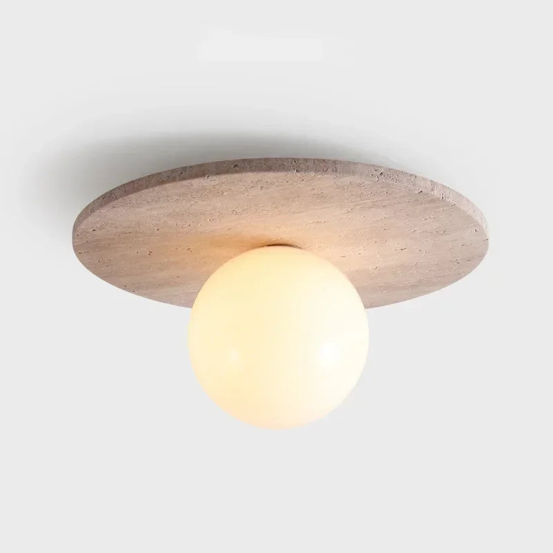 High Quality Natural Stone Ceiling Light Travertine Downlight with Glass Ball Wabi Sabi Milk Oil Wind Home LED Ceiling Ligh