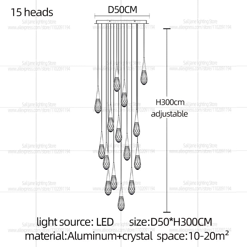 Modern Luxury Crystal Chandelier Hanging Staircas Water Droplet Pendent Lamp Villa Living Room Ceiling Light Attic Pendant Light
