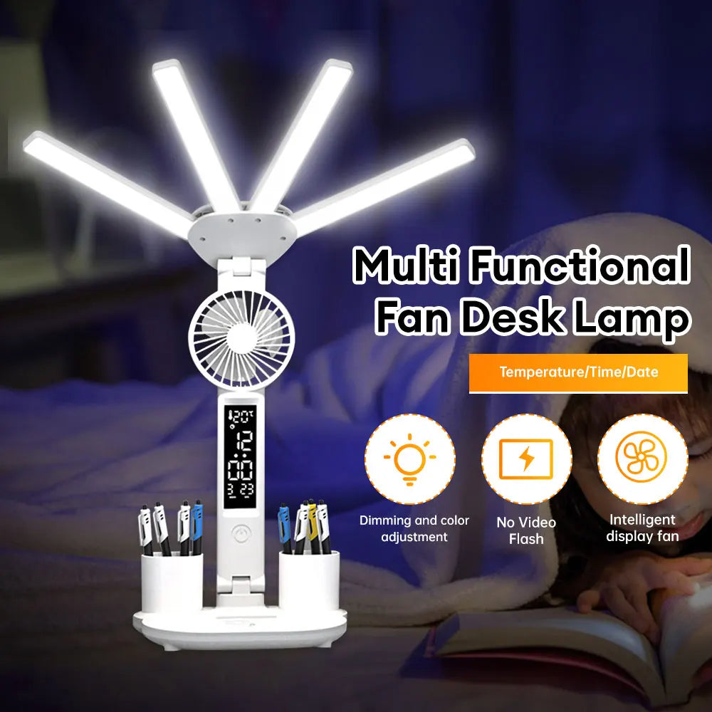 Multi-use Table Lamp Folding Time Date Display Desktop Fan Lamp Tricolor LED Reading Lamp with Pen Holder for Bedroom Office
