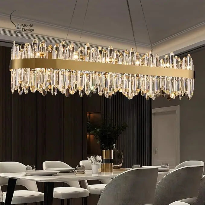 Dimmable Gold Rectangle Crystal Chandelier for Dining Living Room Modern Ceiling Light for Kitchen Island K9 Crystal Lights