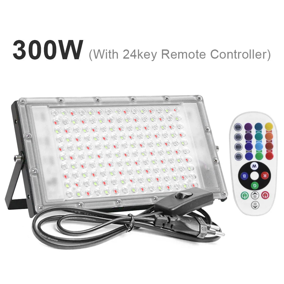 IP65 Waterproof RGB LED Flood Light (50W/100W/300W) AC220V - Outdoor Projector Spotlight with Remote Control & EU Switch Plug