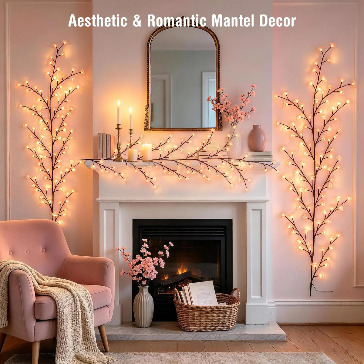 Cherry Willow Vine Lights for Kawaii Room Decor, 72LEDS Pink Cherry Blossom Tree Branch Lights for Wall, Remote Timer, 8 Modes, Bedroom Doors Wedding Christmas Decor, USB