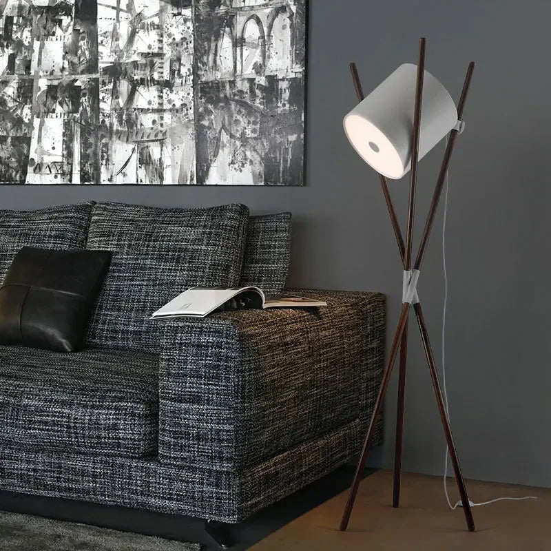Modern Walnut Triangular Floor Lamp Drum Vertical Solid Wood Study Bedroom Bedside Table Living Room Home LED High-end Deco