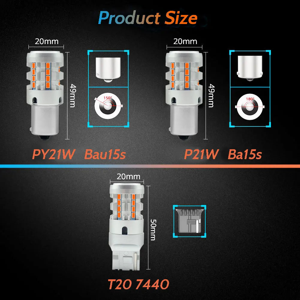 2Pcs Canbus PY21W Bau15s/P21W BA15S 1156/T20 WY21W 7440 LED Bulb for Car Turn Signal Light Amber Yellow Anti Hyper Flash 12v