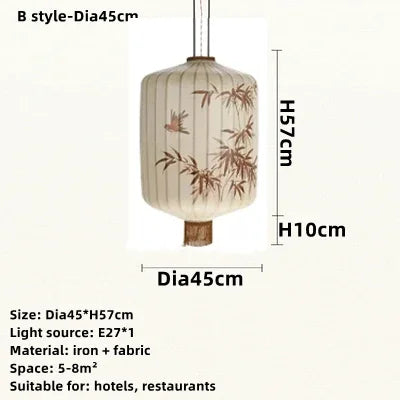 Chinese Style Japanese Fabric Lantern Pendent Lamp Hotel Restaurant Tatami Hand-painted Bamboo Leaf Pattern Room Decor Lights