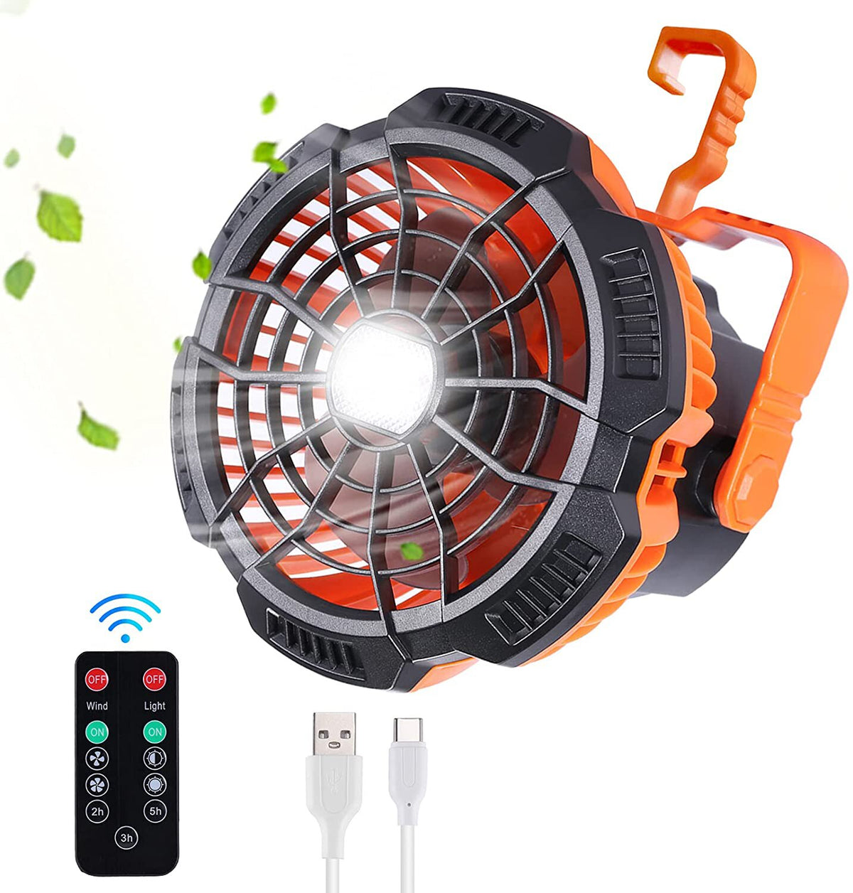 D2 Portable Camping Fishing Fan 2 in 1 LED Lamp Flashlight 3-Speed Outdoor USB Rechargeable Tent Fan Hanging Hook Torch Lantern