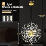 Modern Sputnik Firework Crystal Pendant Lighting 8-Light Gold Chandelier for Dining Room Living Room Bedroom Restaurant