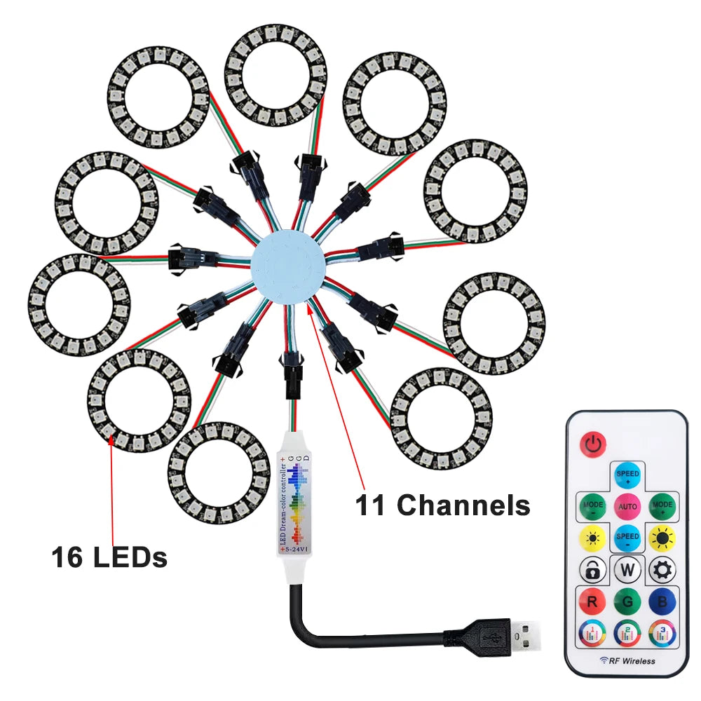 LED Sparkle Ring Light Circle Module WS2812B Individually Addressable RGB Atmosphere Lamp 17 Key Music Remote Control for Party
