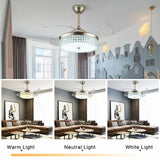 42" Retractable Ceiling Fan Light LED Invisible 3 Color Chandelier Lamp w/Remote Crystal Metal Ceiling Fan Light 107cm