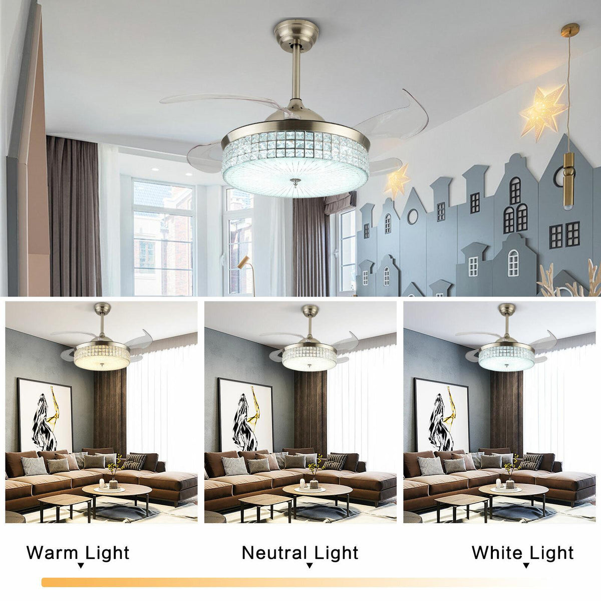 42&quot; Retractable Ceiling Fan Light LED Invisible 3 Color Chandelier Lamp w/Remote Crystal Metal Ceiling Fan Light 107cm