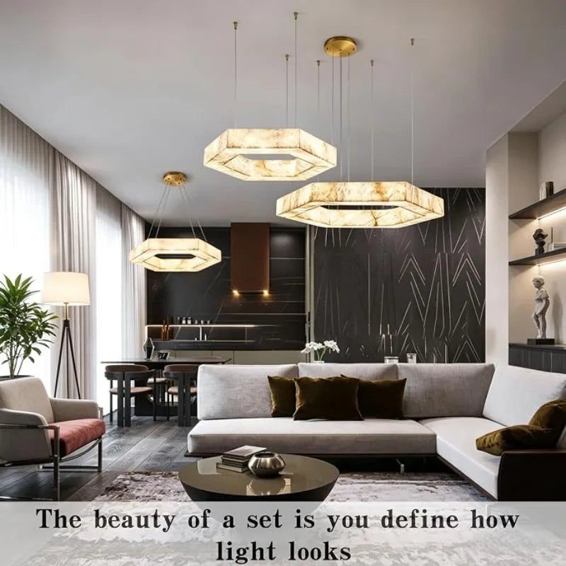 Artificial Marble Pendant Light (Imitation Alabaster) - Modern LED Ceiling Hanging Lamp Fixture for Living Room, Dining Room, Hotel & Villa Decor