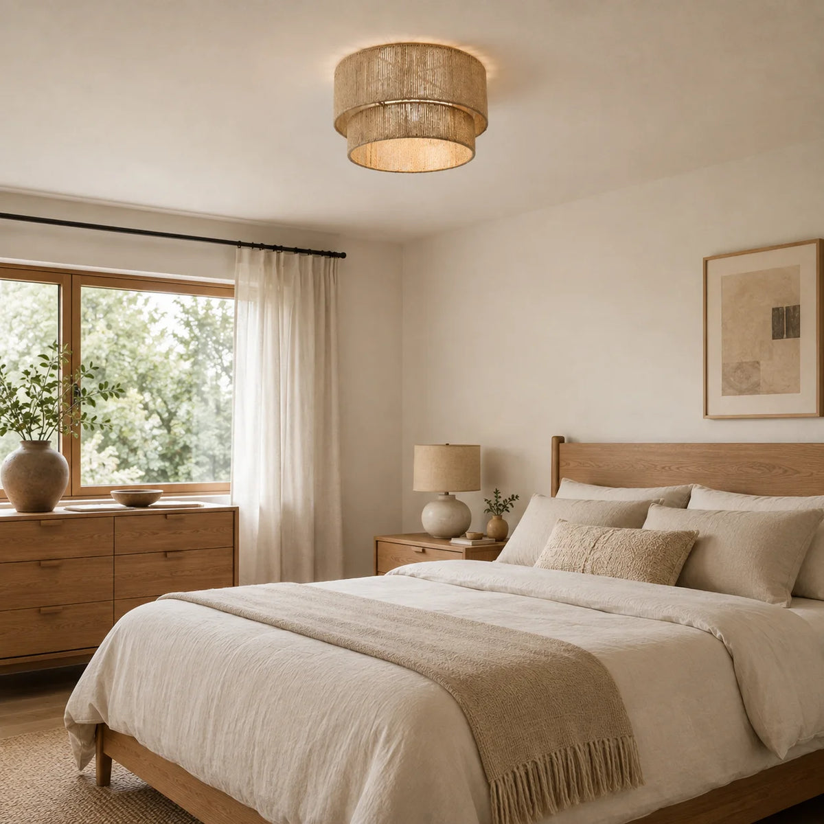 45CM Boho Rattan Semi Flush Mount Ceiling Light - Farmhouse Woven Hemp Rope E27 Lamp for Dining Room, Bedroom & Kitchen