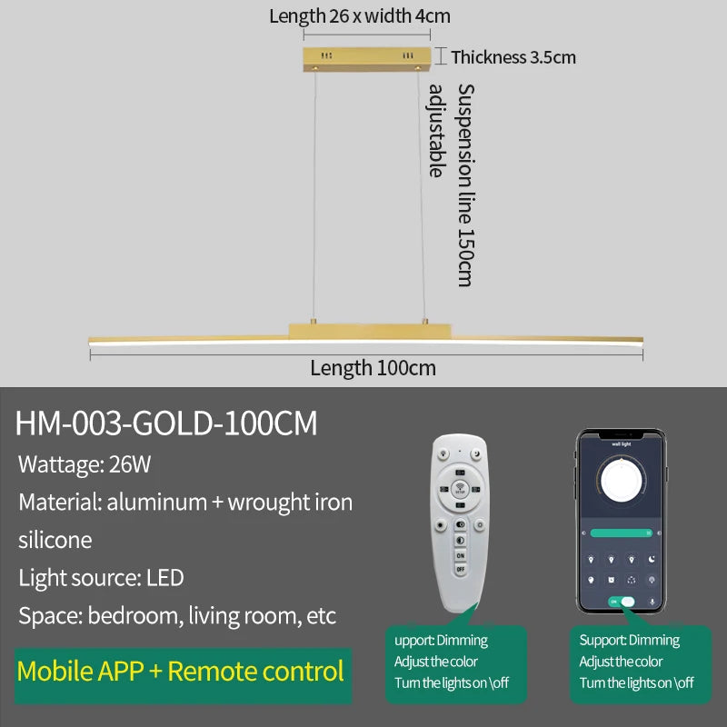 Modern Minimalist LED Pendant Light for Dining Room Adjustable Linear Chandelier in Gold Dimmable Hanging Lamp Fixture for Home