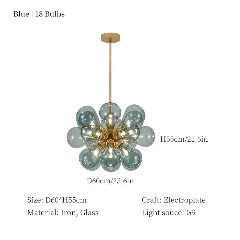 Modern Blue Glass Bubble Ball Chandelier Light - Decorative Ceiling Pendant Lighting Fixture for Living Room, Bedroom & Dining Room