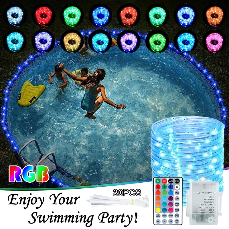 12M LED Rope Light Outdoor Waterproof Swimming Pool String Light 4 Modes Battery Operated Remote Control Trampoline String Light