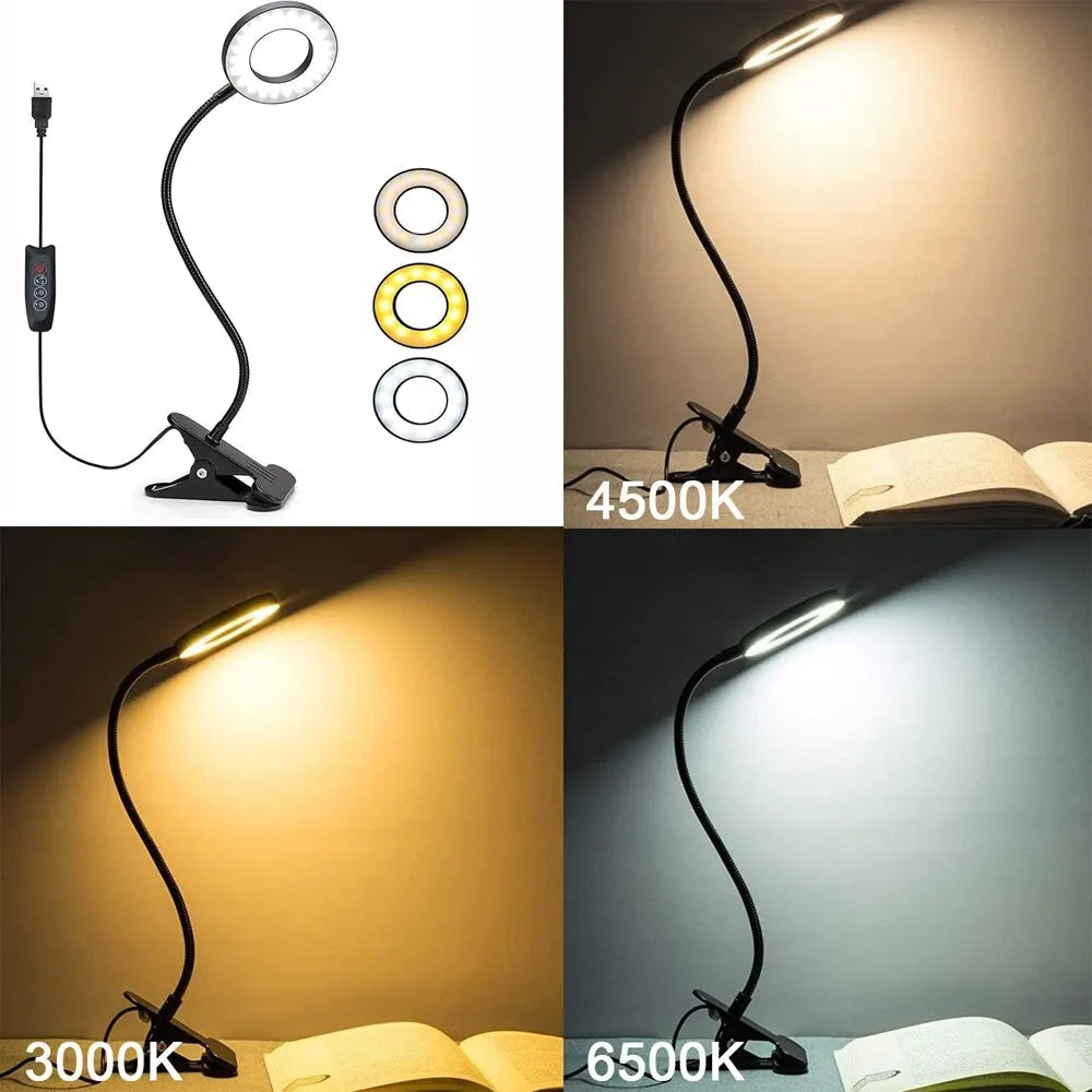 48 LEDs Desk Lamp Clip USB Book Light Bedside 360° Flexible Eye Protection Gooseneck Reading Light Brightness Adjustable 3 Level