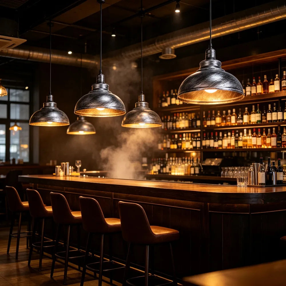 Industrial Metal Pendant Light (1-Pack / 2-Pack) - Retro Silver Hanging Chandelier Fixture for Kitchen, Bar, Cafe & Living Room