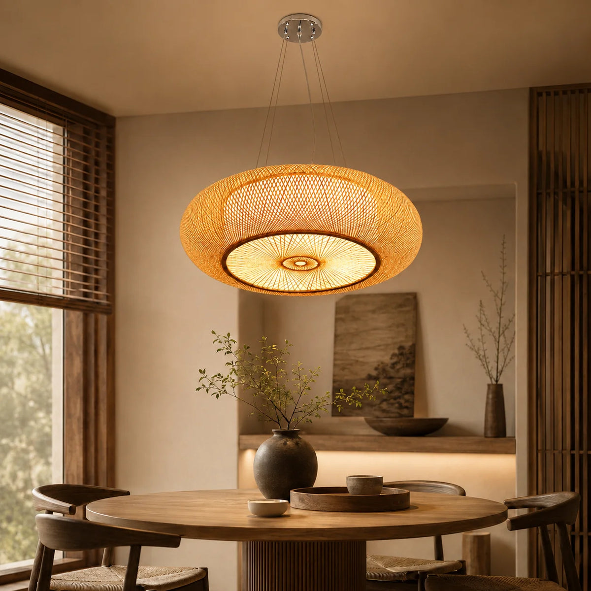 Handwoven Rattan Pendant Light, Sculptural Bamboo Hanging Lamp for Dining Room, Tea Room, Bedroom and Living Area
