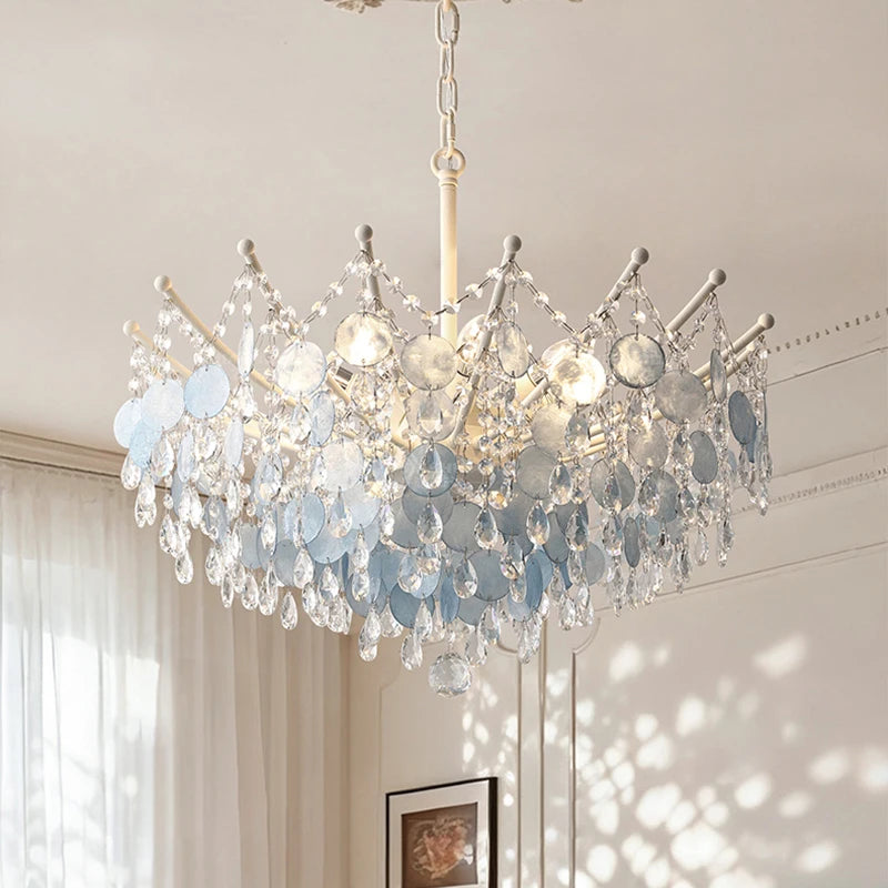 LED French Medieval Pendant Light Style Luxury Blue Crystal Chandelier for Villa Living Room Bedroom Hallway Ceiling Lamp