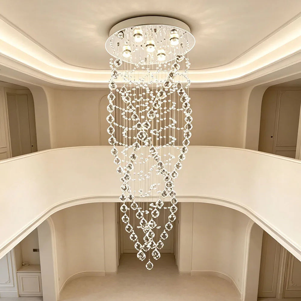 Elegant Multi Strand Waterfall Crystal Ceiling Lamp Long Vertical Crystal Chain Flush Mount Light For Large Living Room Stairwel