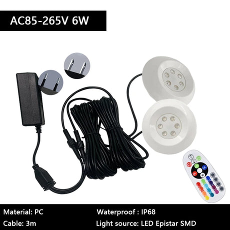 Pool Light with EU/US Plug IP68 Waterproof Small Size White Round 95mm 3/6/10W Underwater RGB Multicolor Swimming Bath Spa Lamp
