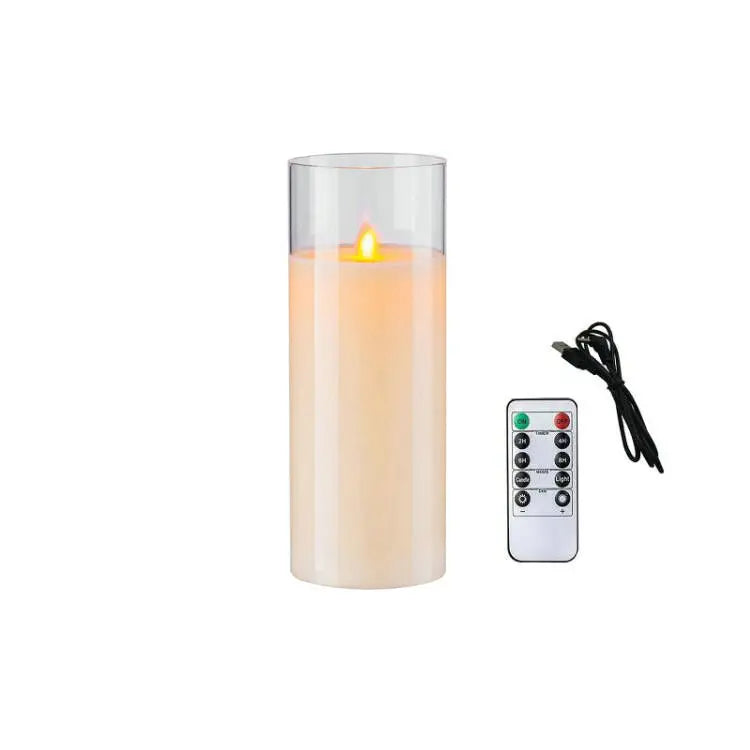 USB Rechargeable LED Flameless Pillar Candle set Flickering Moving Wick Paraffin Real Wax Remote controlled w/Timer Glass Lights