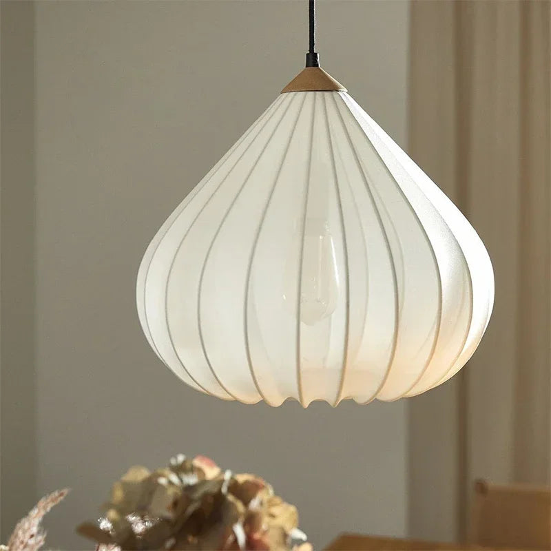 French Minimalist Onion-Shape Fabric Pendant Light - Wabi-Sabi Cloth Shade Ceiling Lamp Fixture for Living Room, Bedroom, Cafe & Kitchen