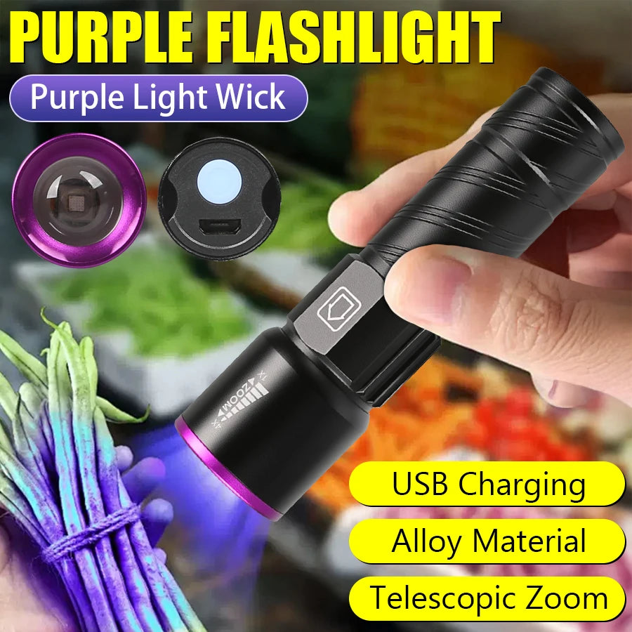 395NM UV Flashlight Rechargeable Ultraviolet Torch Pet Urine Scorpion Detector UV Lamp Anti-counterfeiting Bill Seal Detector