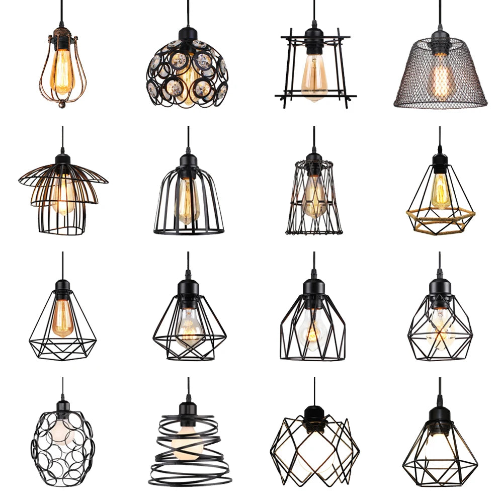 Vintage Pendant Light Metal Lampshade Wire Cage Hanging Chandelier Lamp Shade for Bedroom Cafe Living Room Decor Indoor Lighting