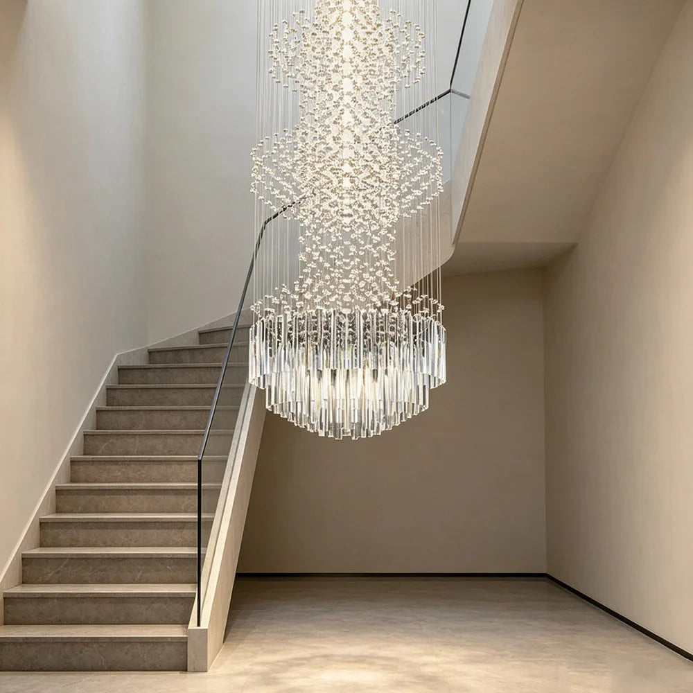 Modern Long Crystal Chandelier Flush Mount Ceiling Light for Duplex Villa Staircase Hotel Lobby Decoration