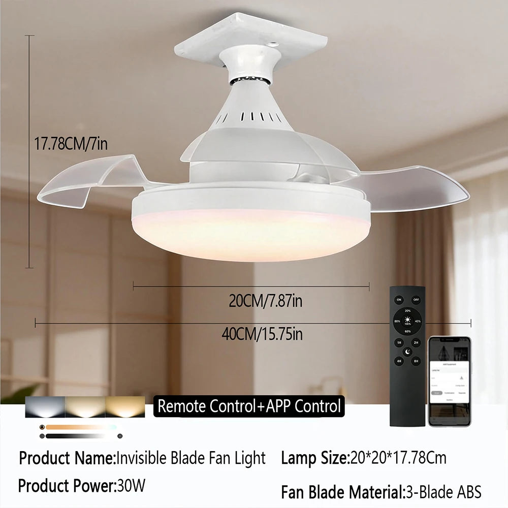 Modern LED Hidden Fan Light with Invisible Blades (E27 Socket Base) - Dimmable 3-Speed Ceiling Fan Light Fixture for Bedroom, Dining Room & Small Spaces